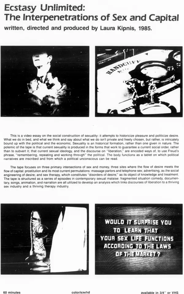 Flyer for Laura Kipnis's Ecstasy Unlimited: The Interpenetrations of Sex and Capital (1985), with four stills from the tape